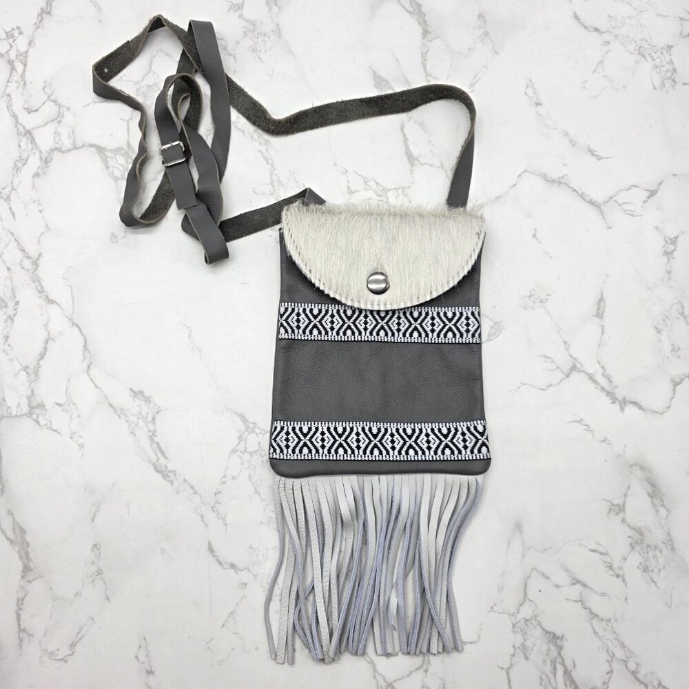 Cowhide Leather Fringe Crossbody Bag Gray Small Western Southwest Cowgirl Aztec